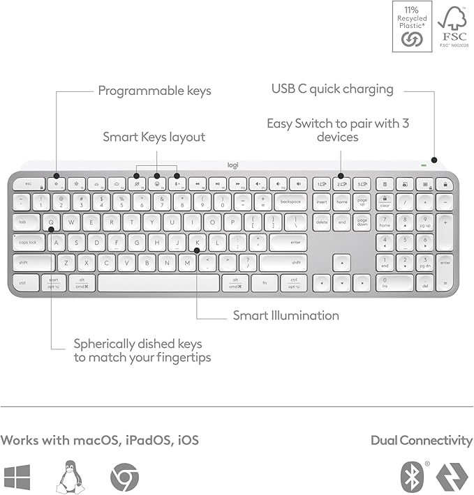 Logitech MX Keys S Wireless Keyboard Low Profile Fluid Precise Quiet Typing Programmable Keys Backlighting Bluetooth USB C Rechargeable for Windows PC Linux Chrome Mac - Pale Grey
