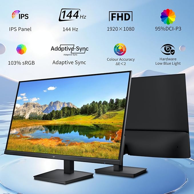 KTC 23.8 Inch Gaming Monitor FHD@144Hz 120Hz Monitor with IPS Panel Hardware Anti-Blue Light 95% DCI-P3 99% sRGB ΔE＜2 300 cd/㎡ 1500:1 Flicker Free and Adaptive Sync for Working and Gaming