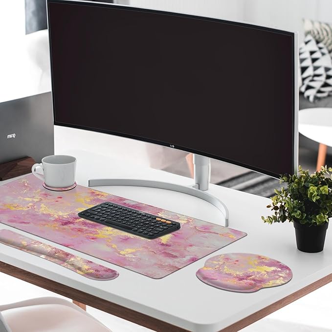 Britimes Pink Gold Liquid Marbling Keyboard Mouse Pad Set 4in1 Large Mousepad+Keyboard Wrist Rest+Mouse Wrist Rest+Coaster Set with Ergonomic Design for Home Office Computer 35.4x15.7 inches
