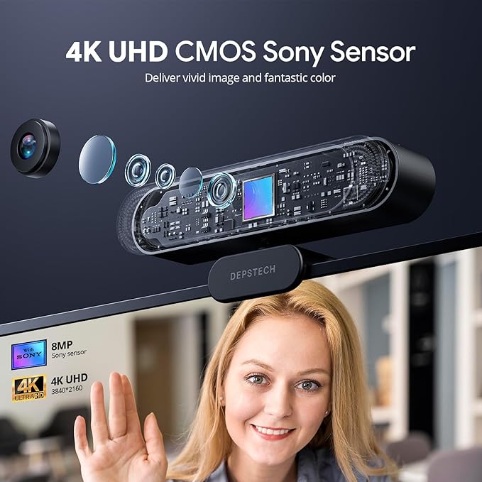DEPSTECH 4K Webcam Ultra HD 1/2.55'' Sony Sensor 3X Digital Zoom Dual Noise-Canceling Microphones Remote Control Auto Focus Streaming Webcam for PC Mac Laptop Video Call Zoom Skype Teams