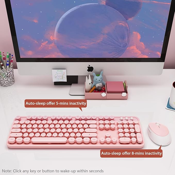 Kootop Wireless Keyboard Cute Colorful 104 Keys Typewriter Retro Round Keycaps Keyboard for PC LaptopDesktopWindows Home and Office Keyboards (Pink)