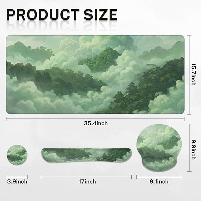 Britimes Green Cloud Keyboard Mouse Pad Set Forest Mountain Aesthetic 4in1 Large Mousepad+Keyboard Wrist Rest+Mouse Wrist Rest+Coaster Ergonomic Design for Home Office Computer 35.4x15.7 inches