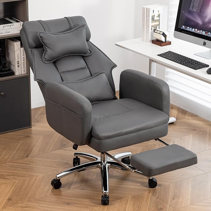 Video Game Desk ChairSwivel Ergonomic Office Chairwith Footrest and Comfy Lumbar SupportPU Leather Recliner with HeadrestFixed Up ArmrestHeight Adjustable with 360°Swivelfor Adults (Drak Grey)