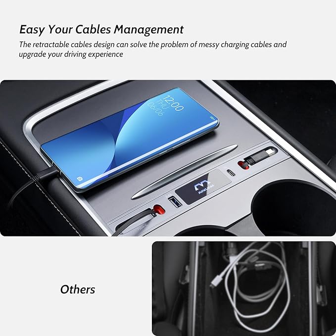 Silver Gray USB Hub for Tesla Owners 2 USB C Retractable Fast Charging Cables for iPhone 15 is Necessary Tesla Tesla Model 3/Y Accessories (2024-2021) but not Highland or Juniper Compatible