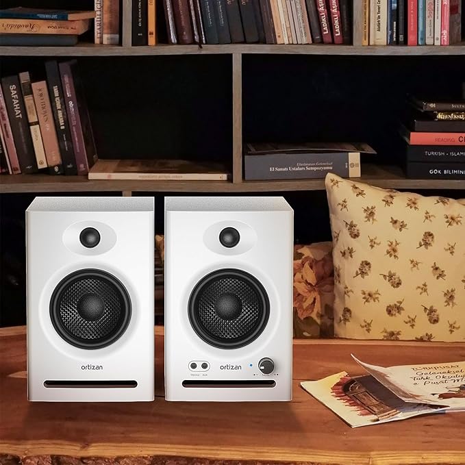 Ortizan C7 Dual-Mode 2.0 Studio Monitors Active Monitor Speakers for Near Field Music Production Bluetooth 5.3 Wireless Computer PC Monitor Gaming Bookshelf Speakers(Pair White)