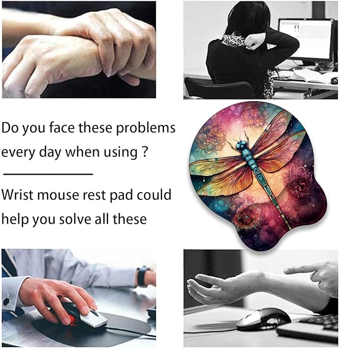Mouse Wrist Rest and Keyboard Wrist Rest Pad+ Coaster Set Non-Slip Rubber Base Smooth Surface Ergonomic Gaming Mouse Pad for Easy Typing and Pain Relief Mandala Dragonfly
