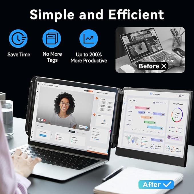 Laptop Screen Extender Monitor - Dual 14 inch IPS FHD 1080P Extended Monitors for 13-17 Laptops Type-C/HDMI/USB-A Compatible with Windows Mac Travel Work