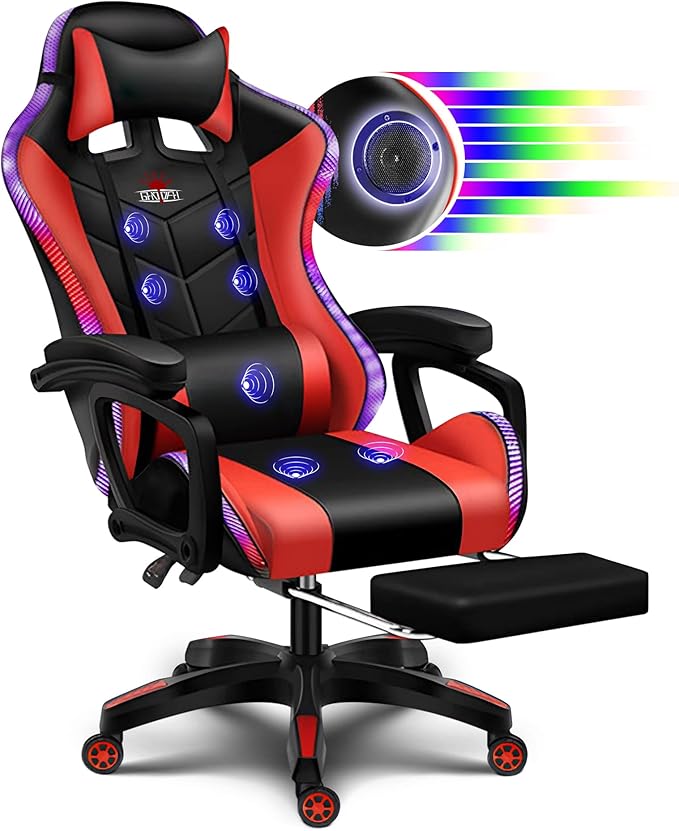 RGB Gaming Chair with Speakers and Massage Racing Computer Chair with Massage and Footrest for Office or Gaming. (Black+Red)