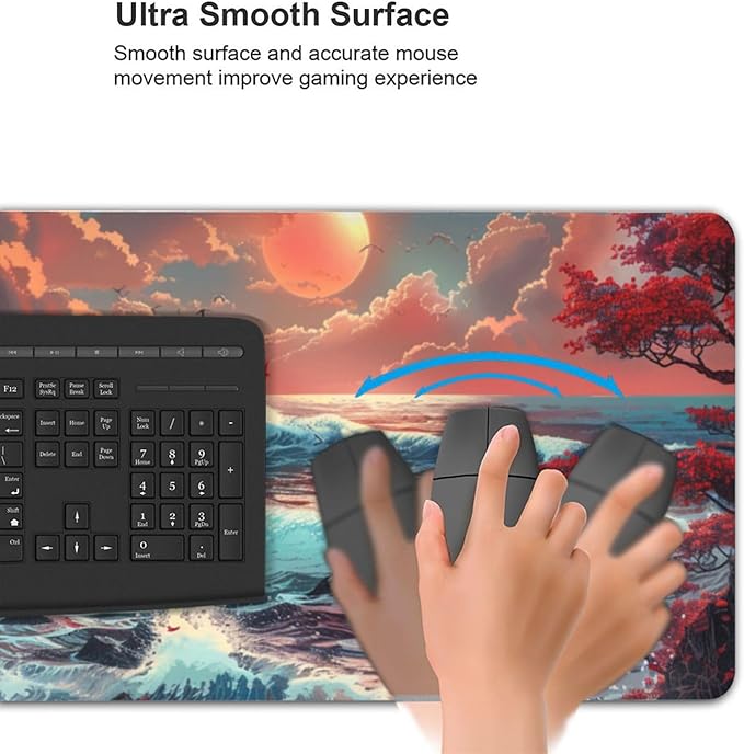 Japanese Desk Mat - 48 x 24 Inches - Sea Wave Extended Big Mouse Pad LargeXXXL Gaming Mouse Pad Desk Pad with 3mm Non-Slip Base and Stitched Edge for Home Office WorkFantasy Artwork Style