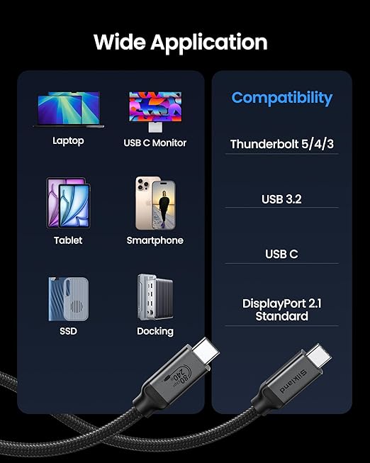 Silkland 80Gbps USB 4 for Thunderbolt 5 Cable 10FT/3M up to 120Gbps Bandwidth for Dual 8K 240W PD 3.1 Charging Braided USB C Video Cable Compatible Thunderbolt 4 MacBook iPhone 17 SSD Dock