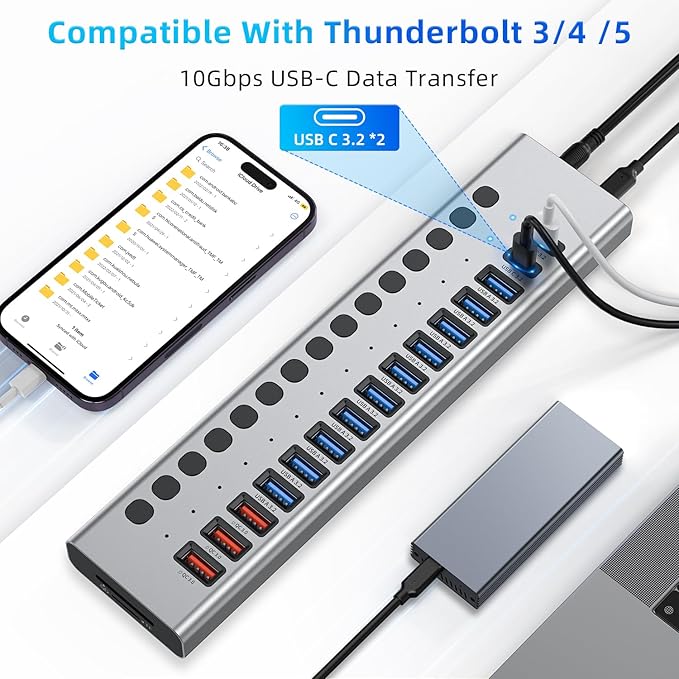 Powered USB Hub 10Gbps 17 Ports 96W USB 3.2 Hub(10 USB-A 3.2 Ports+3 QC 24W Fast Charging Ports+2 USB-C 3.2 Ports+SD/TF Card Reader) 12V/8A Power Adapter for Laptop PC Computer HDDFlash Drive