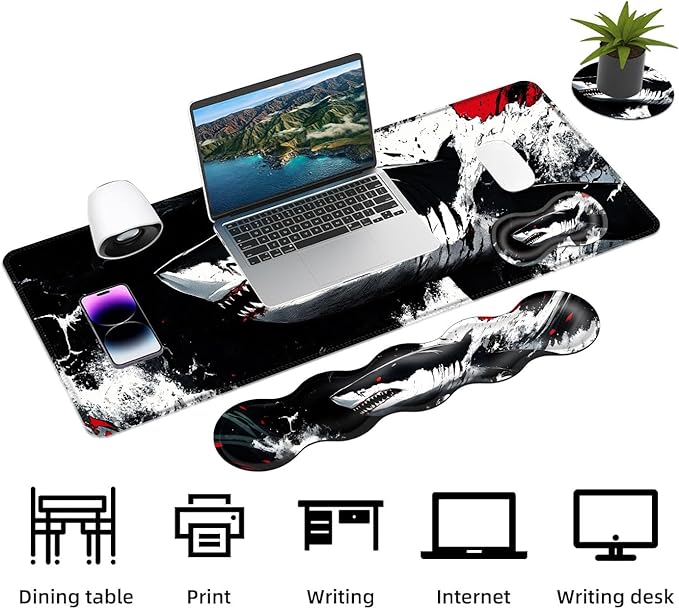 Keyboard Mouse Pad Set Extended Gaming Mouse Pad+Ergonomics Keyboard Wrist Rest Support Memory Foam Easy Typing Pain Relief 4Pcs XL Ultra Thick Desk MatGreat White Shark