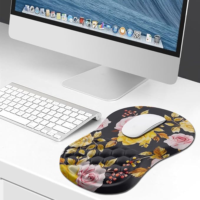 Hokafenle Ergonomic Mouse Pad Wrist Support Wrist Rest Mousepad for Carpal Tunnel Pain Relief with Integrated Memory Foam Slope Massage Bulge (11.8x7.9 inchGolden Powder Flower
