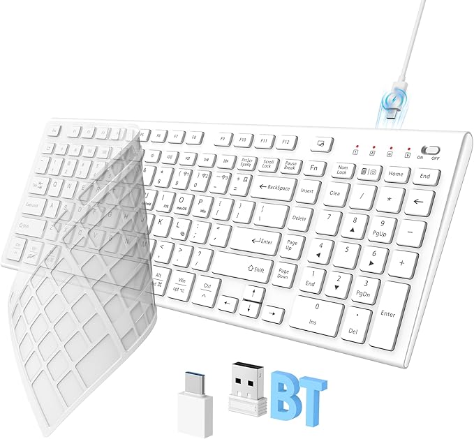 FENIFOX Wireless Keyboard Bluetooth &amp 2.4G USB &amp USB-C Rechargeable Silent Ultra Quiet Low Profile Compact Full Size with Number Pad Soft Multi Device for Mac MacBook Windows PC - White