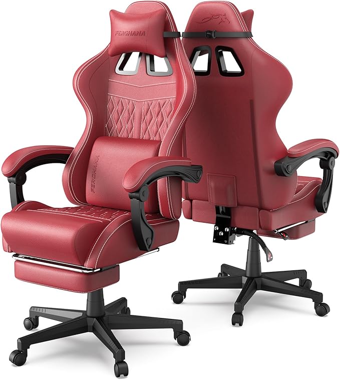 Ferghana Vintage PU Leather Gaming Chair Ergonomic Gamer Chair with Massage High Back Computer Office Chair with Footrest for Adults Racing Style Reclining Video Game Chair (Red)