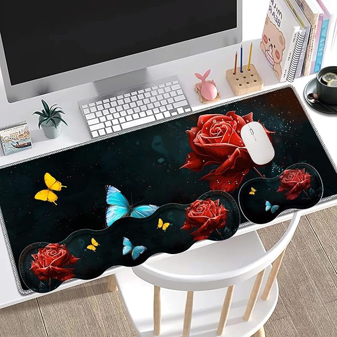 Large Gaming Mouse Pad + Keyboard Wrist Rest + Wrist Support + Coaster Set Memory Foam Ergonomic for Easy Typing XXL Extended Gaming Mouse Pad Table Pad - Starry Red Rose