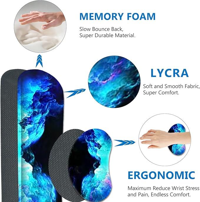 AIMSA Keyboard Mouse Pad Wrist Rest Set Extended Desk Mat+ Ergonomic Mouse Pad with Wrist Rest+ Keyboard Wrist Support+ Coaster 35x15.7in Large Mousepad for Home Office Nebula Galaxy
