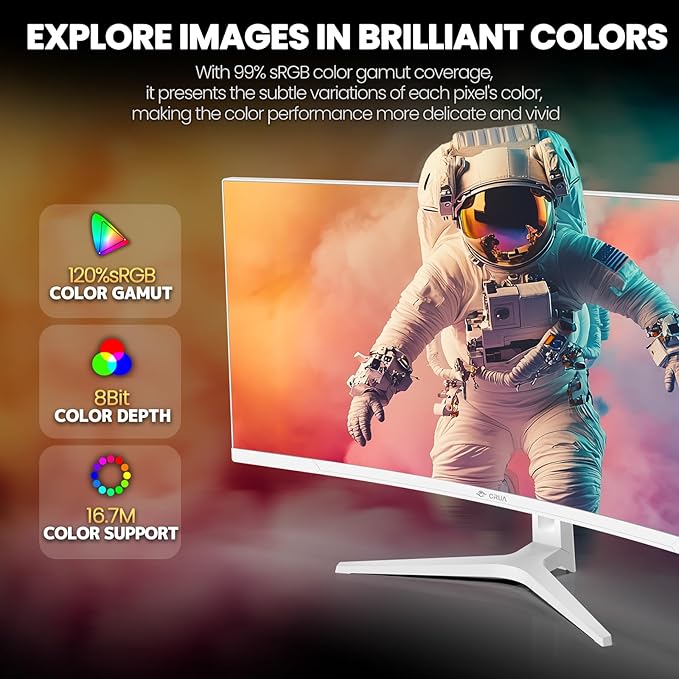 CRUA 34 Curved Gaming Monitor WQHD 3440x1440 120Hz Computer Monitors 1500R VA Screen 120% sRGB AMD FreeSync Blue Light Filter HDMI 2.0 &amp DP 1.4 Wall Mountable Installs- White