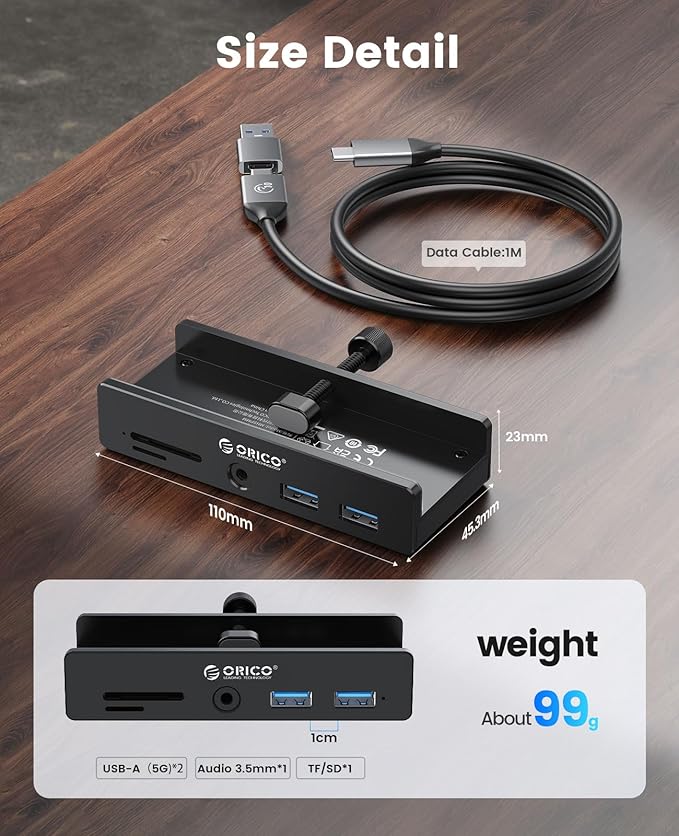 ORICO USB Hub 3.0 Clamp USB Hub with Extra Power Port Aluminum USB C Adapter with 2 USB-A Data Ports3.5mm AUX SD/TF Card Reader for Desktop(Black)