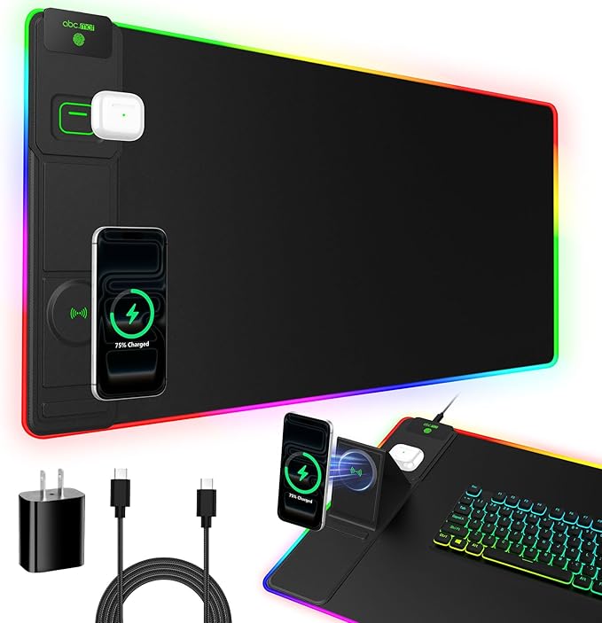 XXL RGB LED Gaming Mouse Pad with Magnetic Wireless Charger &amp Foldable Phone Holder 31.5x15.8 Extended Ultra-Smooth Desk Mat 25 Lighting Effects Non-Slip Base Includes 20W PD Adapter