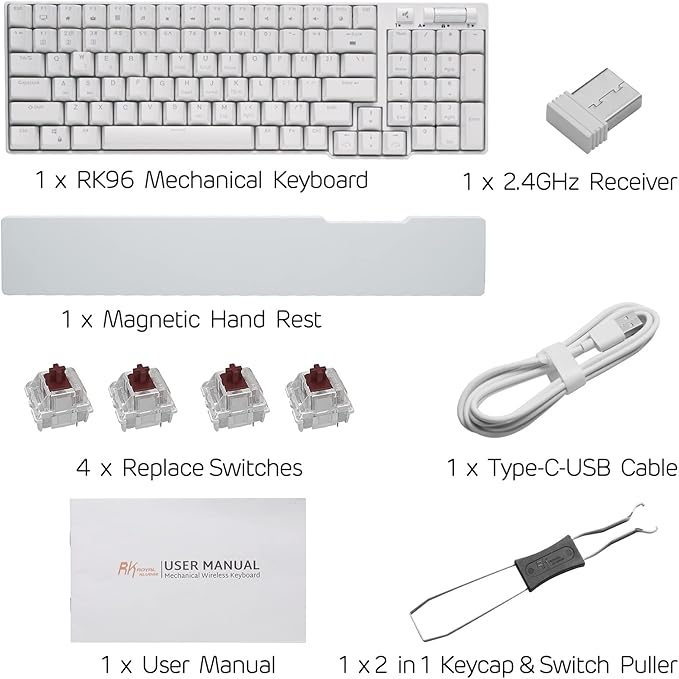 RK ROYAL KLUDGE RK96 90% Triple Mode BT5.0/2.4G/USB-C Hot Swappable Mechanical Keyboard with Magnetic Wrist Rest 96 Keys Wireless Gaming Keyboard with Software Blue Backlight