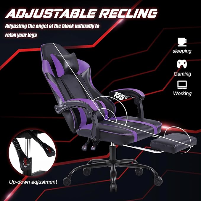 Gaming Chair Computer Chair with Footrest and Lumbar Support Ergonomic Video Game Chair with Headrest and 360°-Swivel Seat Height Adjustable Gamer Chair Office Desk Chair (Purple)