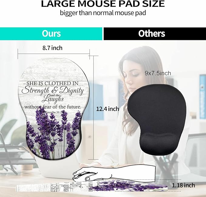 Mouse Pad with Wrist Support Gel Purple Lavender Pattern Design Ergonomic Gaming Mousepad with Wrist Rest for Laptop Computer Home Office Working Mouse Mat + A Cute Coffee Pad