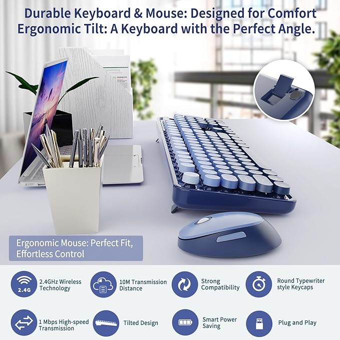 Wireless Keyboard and Mouse Combo Retro Typewriter Keyboard with Round Keycaps Full-Size Ergonomic Blue Ideal for Windows PC Home Office and College Wireless Keyboard Mouse Combo