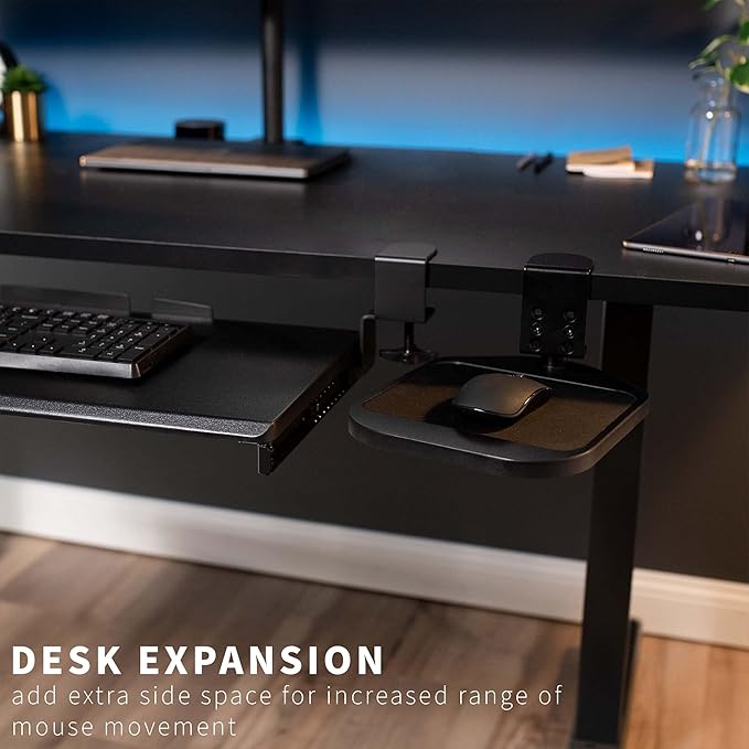 VIVO Clamp-on Wooden Mouse Pad Holder Platform Adjustable Under Desk 360° Rotating Tray Rest Extension Attachment up to 2 inch Desktops Black MOUNT-MS01B