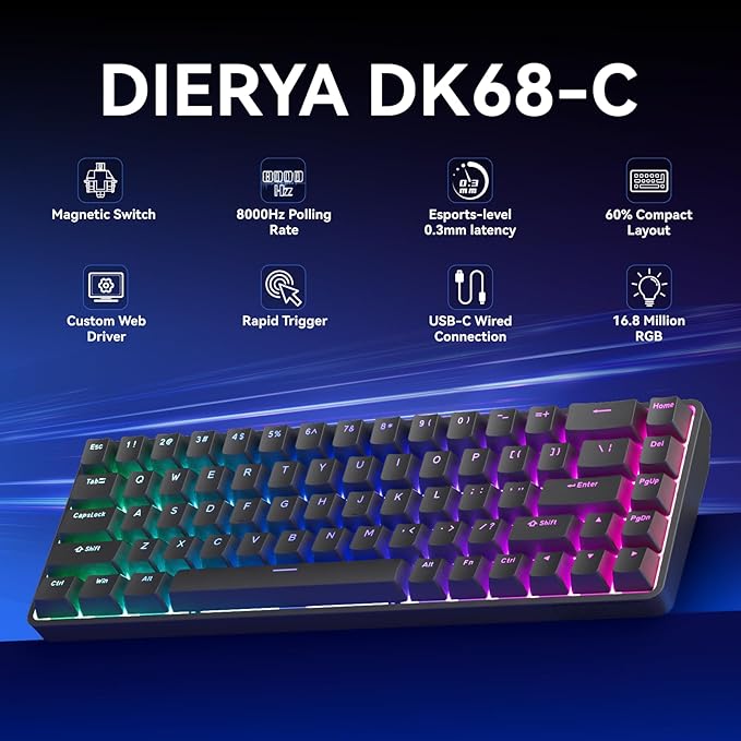 DIERYA DK68-C 60% Gaming HE Keyboard Magnetic Switch Hot Swappable Rapid Trigger Adjustable Actuation 8000Hz Polling Rate RGB Backlit Compact 68 Keys for Windows PC Wired Black