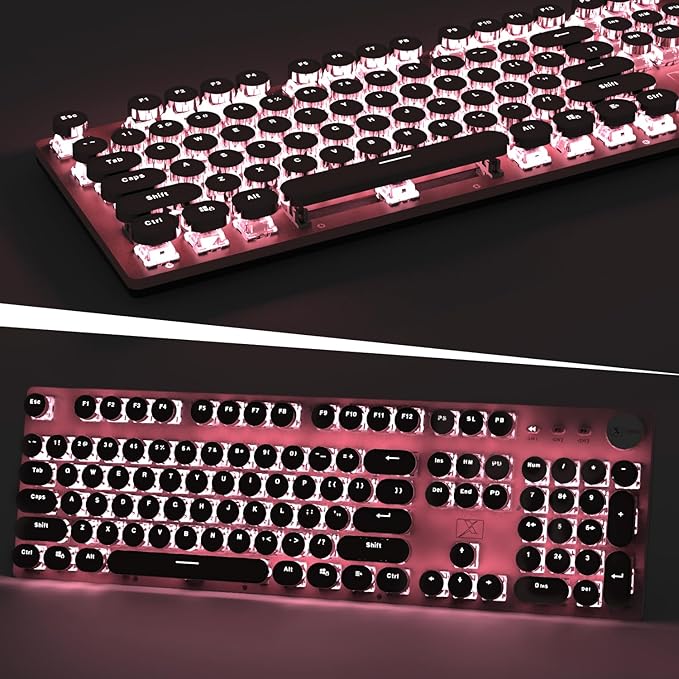 Typewriter Style Retro Wired Mechanical Gaming Keyboard Vintage Steampunk with White LED Backlit 104-Key Anti-Ghosting Blue Switch Cute Keyboard Round Keycaps Knob Control for PC/Win/Mac/Laptop