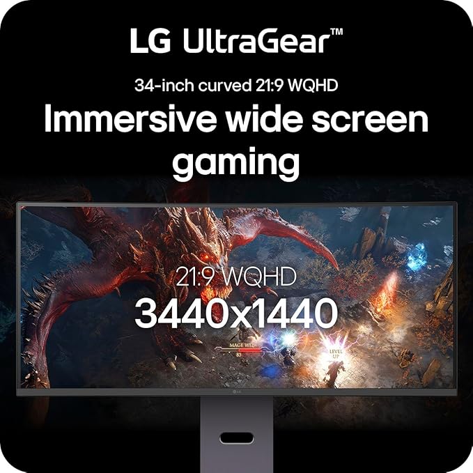 LG 34G600A-B 34-inch Ultragear WQHD (3440 x 1440) Curved Gaming Monitor 160Hz AMD FreeSync Premium HDR10 Built-in Speaker Reader Mode HDMI 2.1 DisplayPort Tilt/Height/Swivel Stand Black