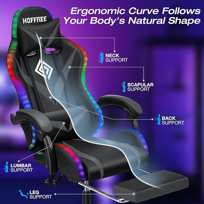 Gaming Chair Massage with LED RGB Lights and Footrest Ergonomic Computer Chair High Back Video Game Chair with Adjustable Lumbar Support Linkage Armrest Grey and Black