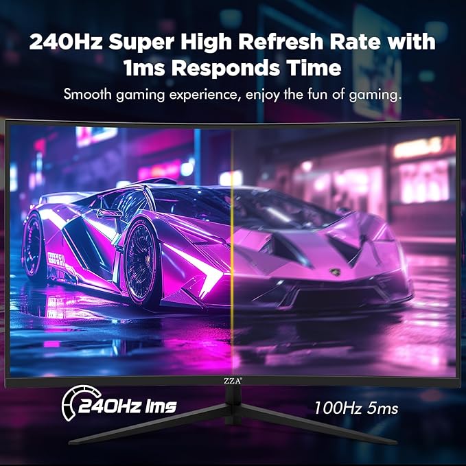 ZZA 32 Inch Curved Gaming Monitor 240Hz High Refresh Rate FHD 1920x1080P Curved 1500R HDMI 2.0/DP1.4 1ms MPRT HDR FreeSync VESA Compatible Tilt Adjustable