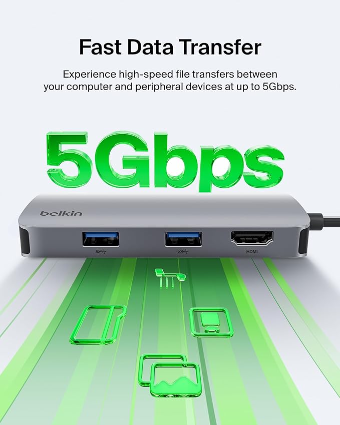 Belkin USB-C Hub 5-in-1 Multiport Adapter - USB-C Docking Station with 4K HDMI 2 x USB-A Ports SD Card Slot &amp MicroSD Card Slot for MacBook Pro Air iPad Pro XPS and More