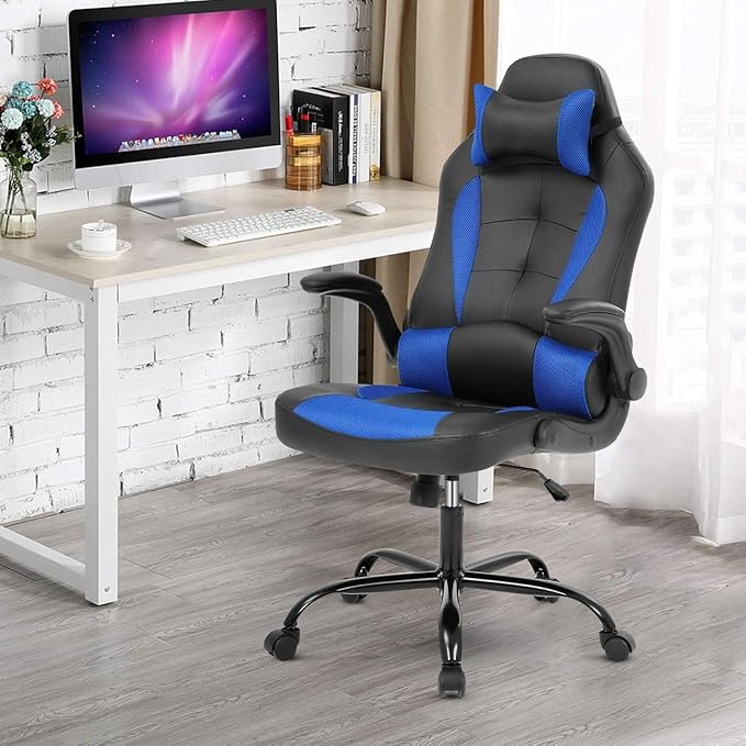 Meet perfect Gaming Chair Ergonomic Office Chair Desk Chair Leather Computer Chair Lumbar Support and Head Pillow Modern Executive Chair Adjustable Rolling Swivel Task Chair Home Office Chair Blue
