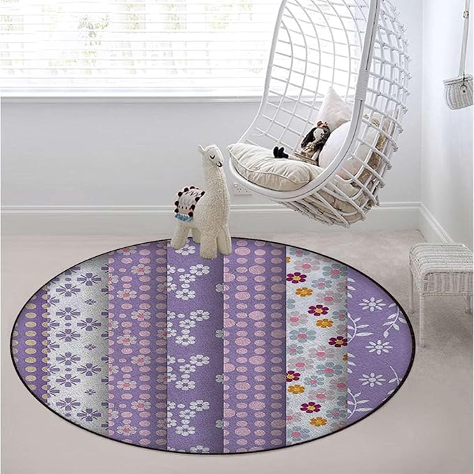 Colorful Round Rug for Bedroom Circular Area Rug Washable Throw Rugs Non-Slip Soft Floor Mat for Living Room Sofa Vintage Geometric and Circle Shapes Floral Diameter 59 in
