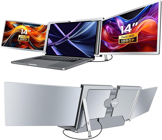 RayCue Triple Laptop Screen Extender[Only 1 Cable to Connect]14'' FHD 1080P 16:10 USB-C Laptop Screen Extender for Windows MacOS Plug and Play for 13-17.3'' Type-C/USB-A Laptop