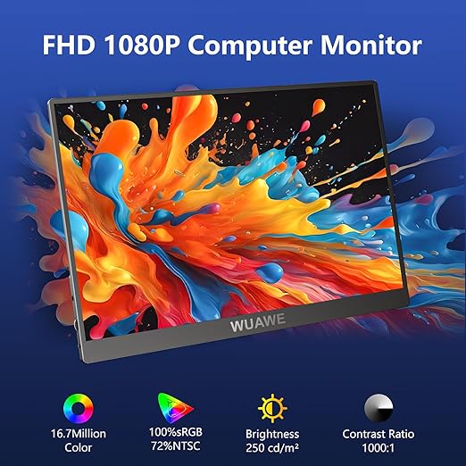 WUAWE 15.6 Inch Portable Monitor with Cover Stand 1080P FHD 60Hz External Second Computer Monitor with Speaker HDMI USB-C for PC Mac Phone PS5 Switch Xbox PS4/5.