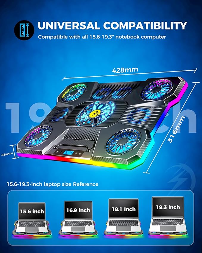 ChillCore Laptop Cooling Pad RGB Lights Laptop Cooler 9 Fans for 15.6-19.3 Inch Laptops Gaming Laptop Fan Cooling Pad with 8 Height Stands 2 USB Ports - A21 Blue