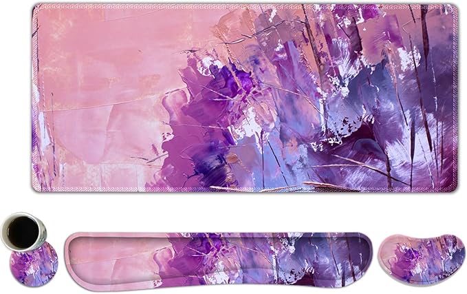 DINKY Keyboard Mouse Pad Set Large Gaming Mousepad + Memory Foam Ergonomic Keyboard Wrist Rest Support Easy Typing Pain Relief 4Pcs (35.4 x 15.8) Extended Desk Mat-Abstract
