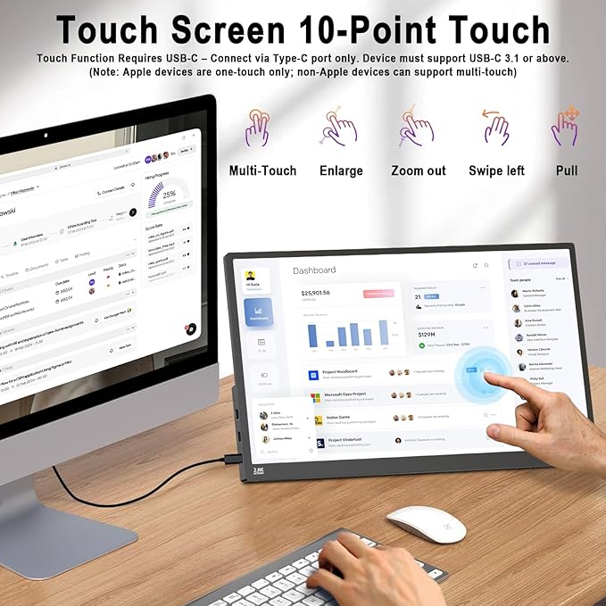 2.5K 100Hz Portable Monitor Touchscreen 15.6'' QHD 2880x1620 300 Nits 100% sRGB IPS Gaming Monitor w/VESA HDR FreeSync Eye Care USB-C HDMI External Second Screen for Laptop PC Phone Switch PS3/4/5