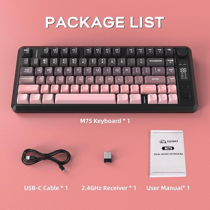 M75 Wireless Gaming Keyboard Mechanical Feel Membrane with Knob &amp OLED Display Bluetooth/2.4Ghz Rainbow Backlit Gradient PBT Keycaps 2000mAH Battery Anti-Ghosting-Pink