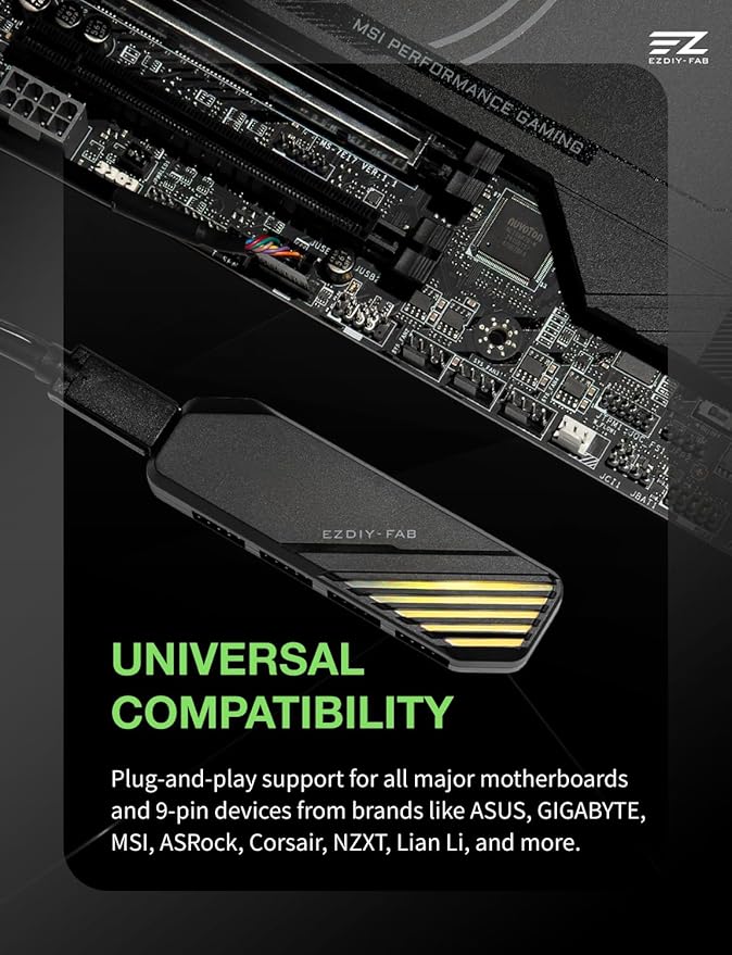 EZDIY-FAB MH01 Internal USB 2.0 9-Pin Hub4-Port USB Header Expansion SATA Powered USB Hub with Integrated Type-C Power &amp Data Connection Magnetic Mount Compact Design for AIO RGB Hub-Black