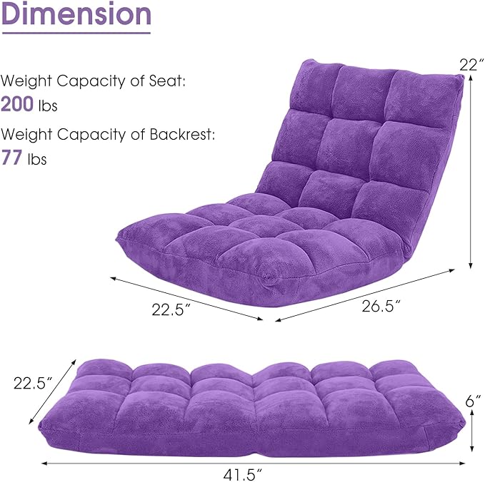 COSTWAY Adjustable Gaming Chair Purple 14-Position Back Support Soft Coral Fleece Portable Lightweight 22 x 24 x 22