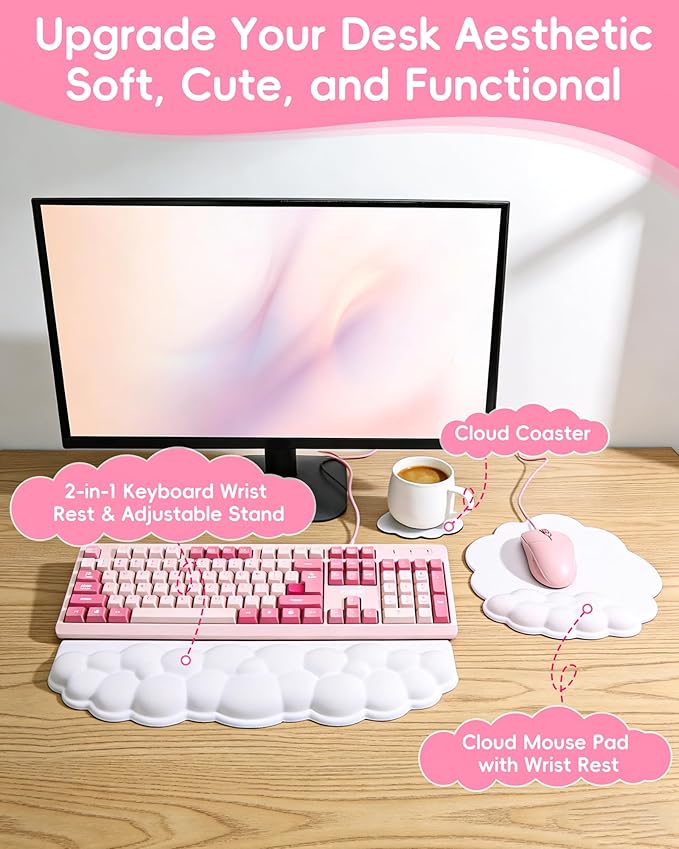 Cloud Wrist Rest Set for Keyboard and Mouse Ergonomic Memory Foam Wrist Support &amp Adjustable Keyboard Stand with Two Typing Angles Silky Lycra Surface Non-Slip Base (White)