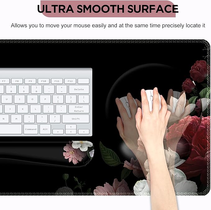 AIMSA Mouse PadLarge Black Desk Mat XXL Mousepad+Keyboard Wrist Rest+Ergonomic Mouse Wrist Rest+Coaster Set4in1 Desk Pad for Home Office Table Computer-Vintage Flower