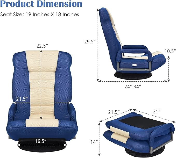 ERGOMASTER 360 Degree Swivel Video Gaming Floor Chair w/Armrests Adjustable 6-Position Folding Floor Chair Padded Backrest for Game Reading (Blue/Beige)