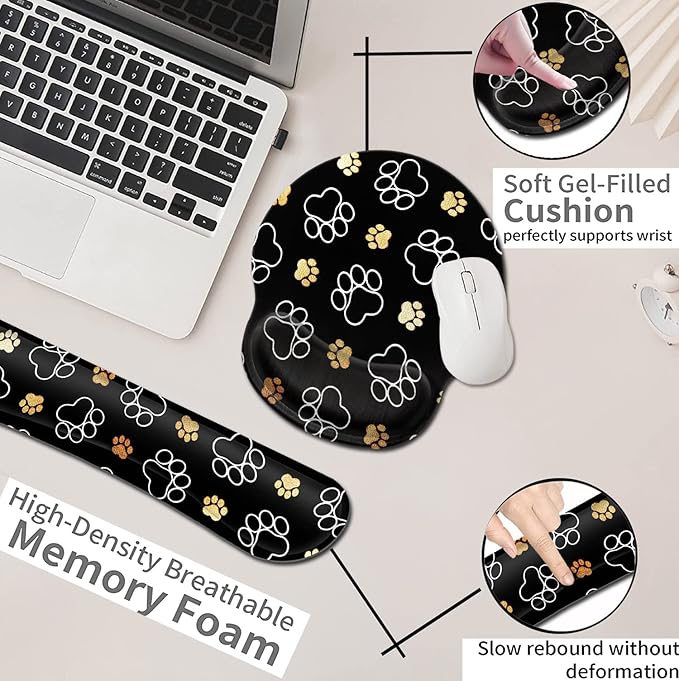Ergonomic Mouse Pad with Wrist Support Gel Mouse Pad Non-Slip Laptop Computer Keyboard Mousepad for Office &amp Home Quality Memory Foam Keyboard Wrist Rest Dog Paw Prints Gold White Cute Cat Paws