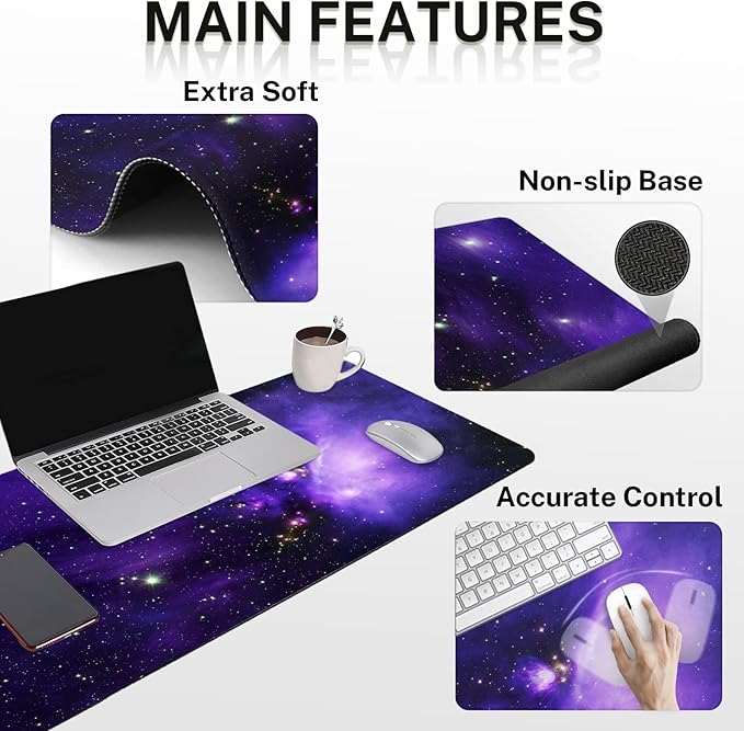 Britimes Space Galaxy Purple Keyboard Mouse Pad Set 4in1 Large Mousepad+Keyboard Wrist Rest+Mouse Wrist Rest+Coaster Ergonomic Design for Home Office Computer 35.4x15.7 inches